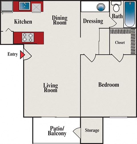Floor plan for 1 bed, 1 bath, 700 sqft